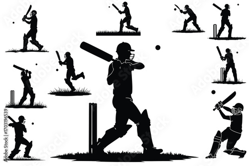 Cricket player silhouettes in various batting poses