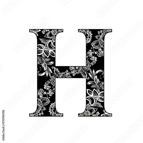 Elegant letter h with black and white floral pattern