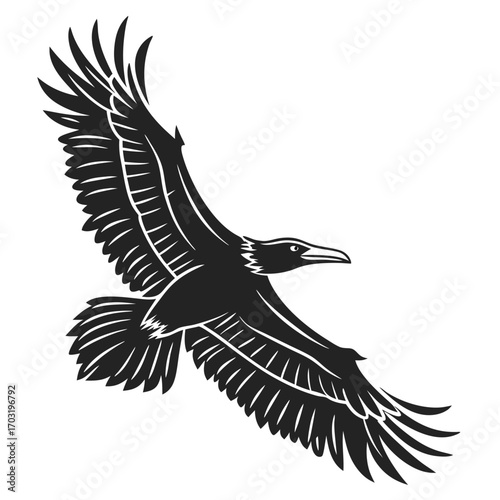 Monochrome vector illustration of a majestic flying raven.