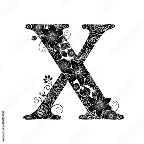 Black letter x decorated with intricate floral patterns and swirls