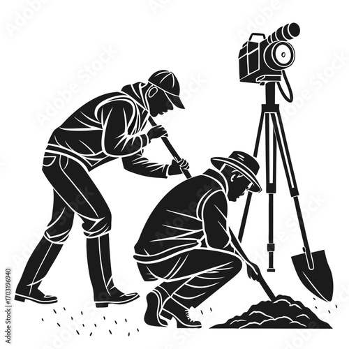 Archaeological Dig - Two Figures Excavating with Camera on Tripod.