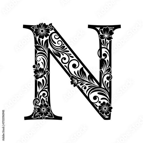 Elegant floral letter n monogram black and white design