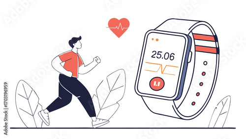 Man running with smartwatch tracking fitness and heart rate.