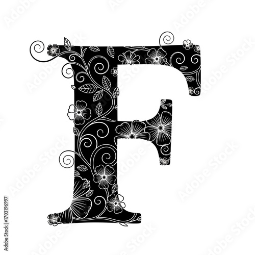 Elegant black letter f with white floral and vine design