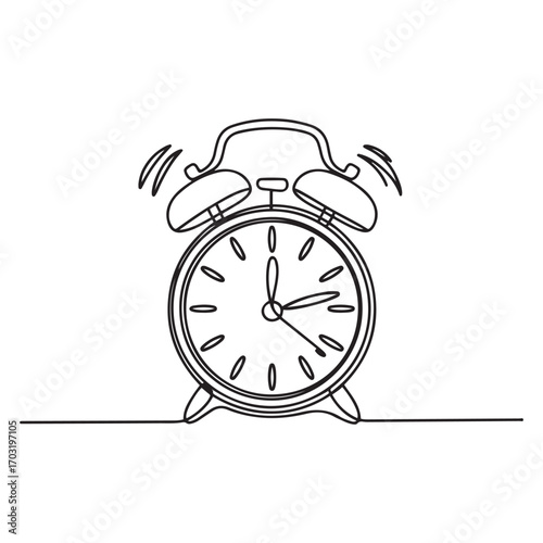 One continuous line Art drawing of classic analog desk alarm clock with big ring bell to tell the time. with white background