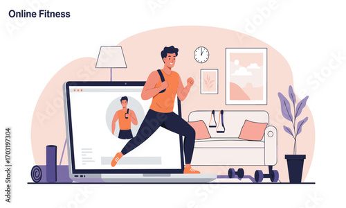 A man follows an online fitness class, exercising in his living room, using a laptop to follow the instructor, and staying healthy and active from home.