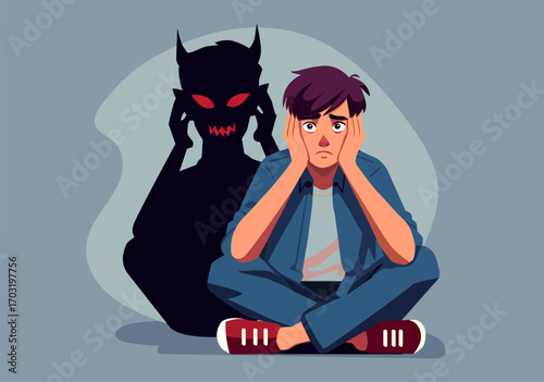 Flat illustration of depression or fighting with inner demons.