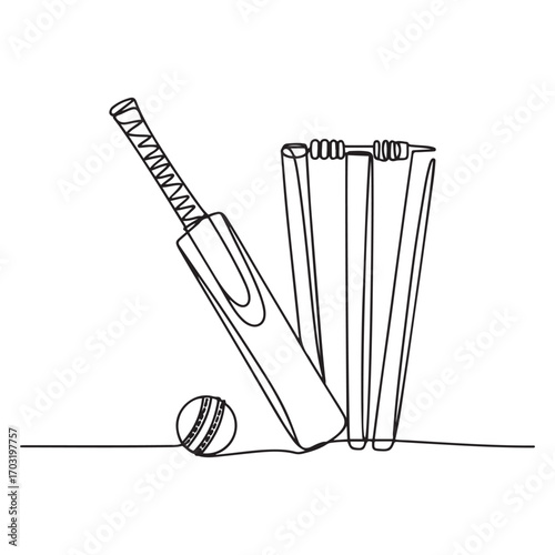 Continuous one line Art drawing cricket bat, ball, and wicket stumps isolated on white. Set equipment for cricket game. with white background