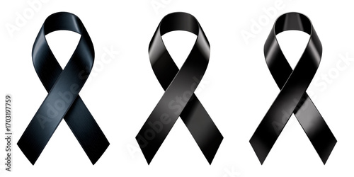 Three realistic black awareness ribbons isolated on a transparent background
