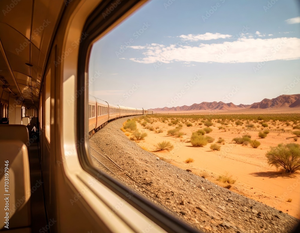 Fototapeta premium View of dry desert through a window of a train travel concept
