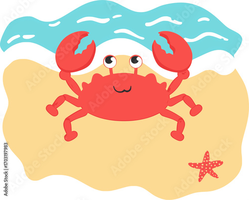 Red crab standing on sand in cartoon flat vector design for summer season
