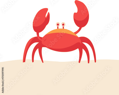 Red crab standing on sand in cartoon flat vector design for summer season