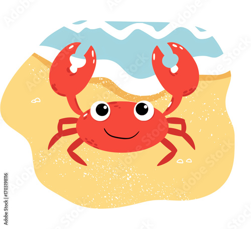 Red crab standing on sand in cartoon flat vector design for summer season