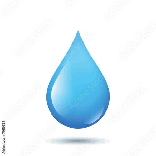 A vibrant, glossy blue water droplet with a subtle shadow, symbolizing purity, freshness, and essential liquid, isolated on a clean white background.
