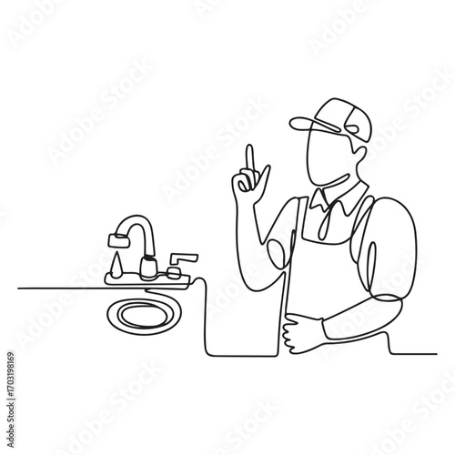 Continuous one line Art drawing plumber with call me gesture ready to work on repairing the leaking drain in sink and house's drains. with white background
