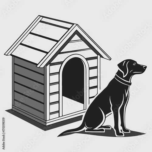 A black dog sits patiently next to its wooden doghouse.
