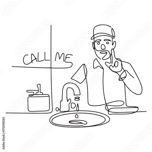 Continuous one line Art drawing plumber with call me gesture ready to work on repairing the leaking drain in sink and house's drains. with white background