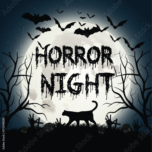 Horror night text with full moon, bats, and a black cat silhouette