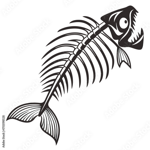 Detailed illustration of a fish skeleton with visible bones and tail.