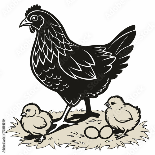 Hen with Chicks and Eggs in Nest Illustration.