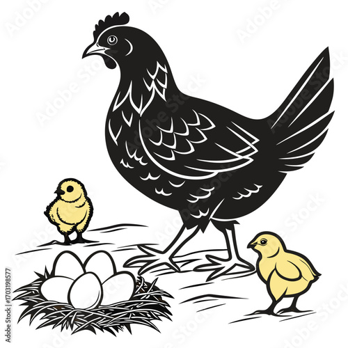 Mother hen and chicks with eggs in nest.