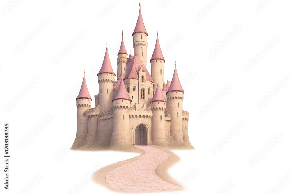 Obraz premium Pink medieval castle featuring ornate turrets, winding pathway approaching grand entrance, floating on transparent backdrop