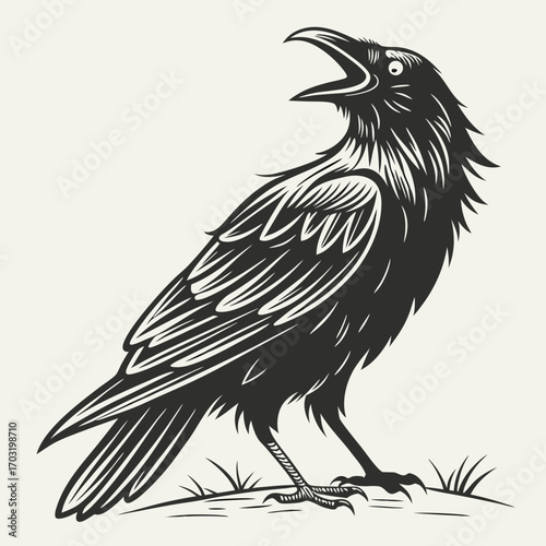 A detailed illustration of a black crow with its beak open and wings slightly spread.