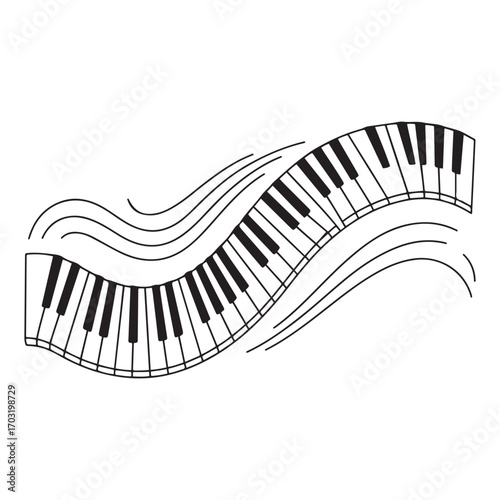 Single one line Art drawing wavy piano keys and some scales. A creative visualization. Different scales produce different rhythms. with white background