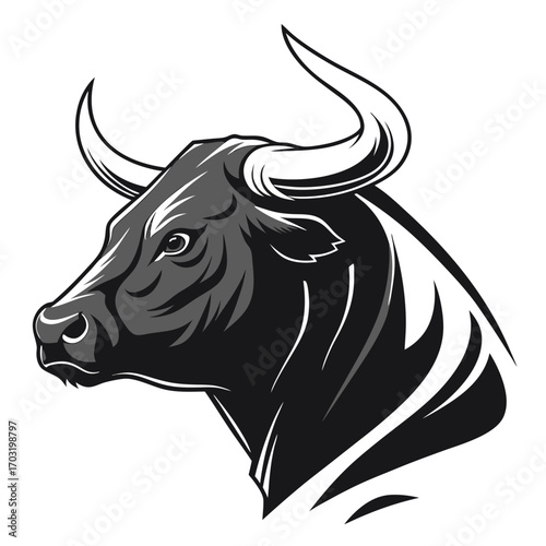 Powerful bull head illustration showcasing strength and determination in monochrome style.