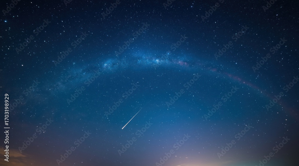 Naklejka premium Stunning night sky showcasing a vibrant Milky Way arch with a shooting star above a serene landscape