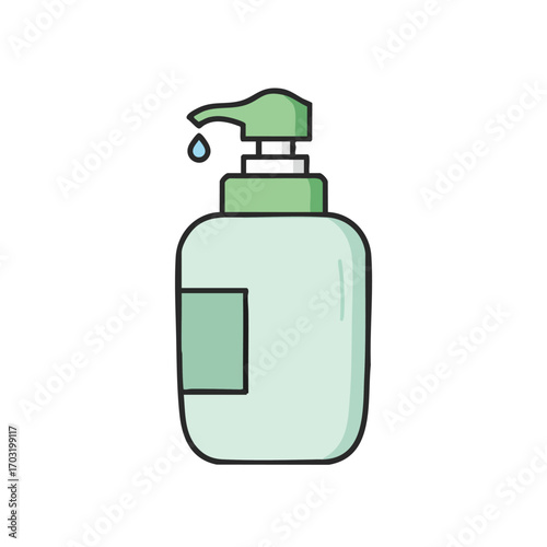 A cartoon illustration of a light green soap dispenser with a pump and a single drop falling, symbolizing hygiene and cleanliness.
