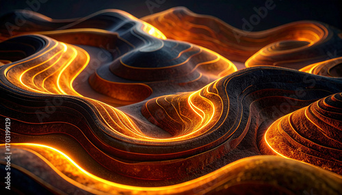 Abstract topography made of layered velvet textures and glowing contour lines
