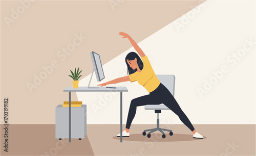 A woman stretches her body while sitting at her desk in an office, promoting well-being and flexibility during the workday.