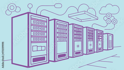 Data center servers in a row for cloud computing and storage.