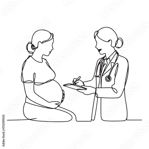 One single line Art drawing of female obstetrics and gynecology doctor giving consultation session to the pregnant patient. with white background
