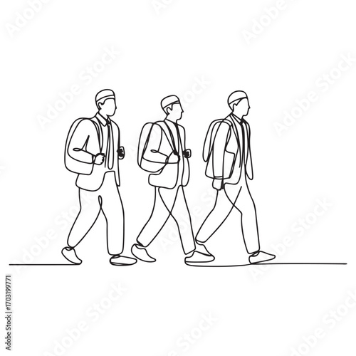 One single line Art drawing of young happy male muslim workers walking in a hurry to catch the bus. with white background