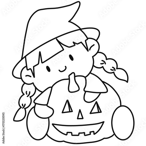 Little witch girl hugging a pumpkin outline