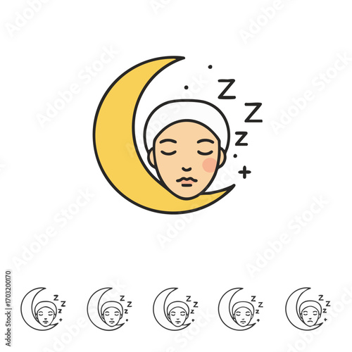 A peaceful person with closed eyes rests serenely on a bright yellow crescent moon, symbolizing deep sleep and tranquil dreams at night.