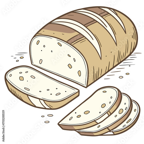 Loaf of Bread with Slices and Crumbs on White Background sliced baking