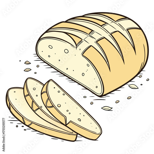 Sliced Loaf of Bread with Scattered Crumbs on White Background baking bakery