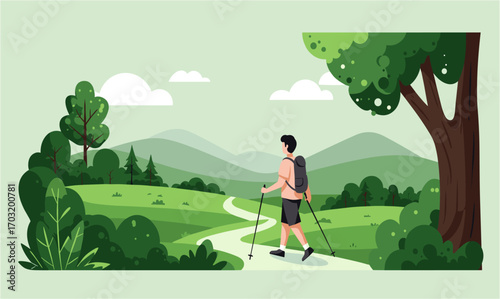 Hikking in Forest and Mountains Flat Vector
