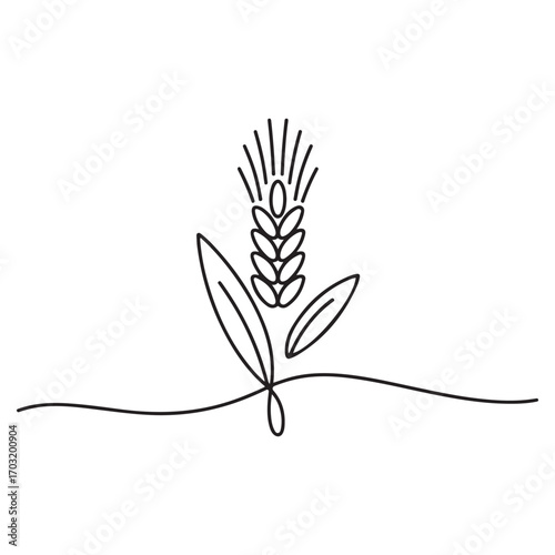 One continuous line Art drawing of whole healthy organic wheat grain for farm logo identity. Fresh staple food concept for breakfast cereal icon. with white background