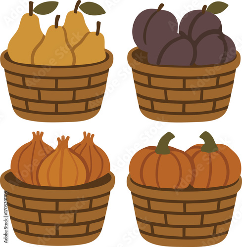 Four harvest baskets with pears plums and pumpkins