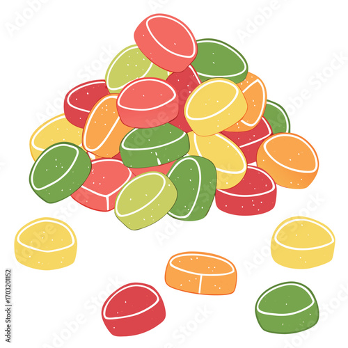 Pile of colorful fruit flavored candies on white background Keywords: candy, sweets, confectionery, treat