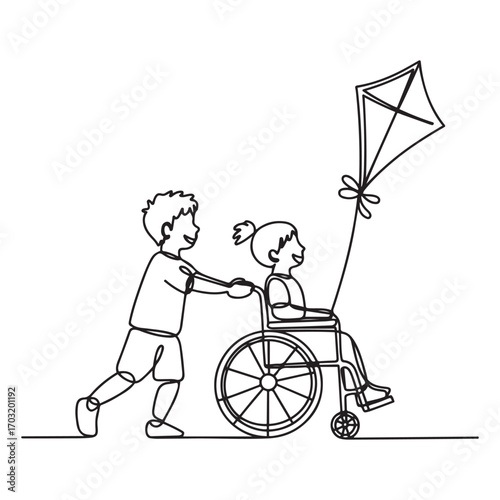 Continuous one line Art drawing happy child disabled concept. Hand drawn boy pushing little girl in wheel chair with flying kite. with white background