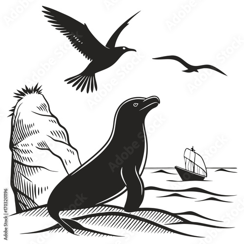 Sea Lion on Shore with Seagulls Flying Above.