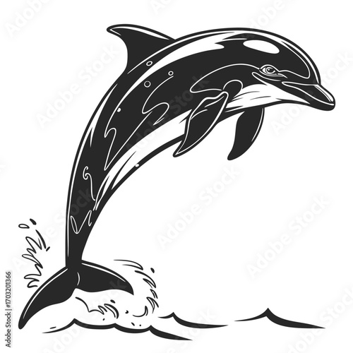 Black and white illustration of a dolphin leaping out of water.