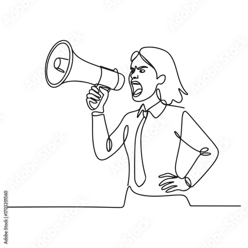 Single continuous line Art drawing of young angry businesswoman shouting loudly using megaphone to train her speak. with white background