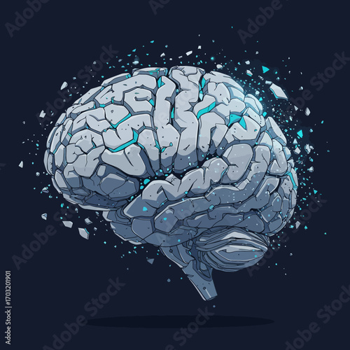 Shattering stone brain with glowing blue fissures, symbolizing a powerful cognitive breakthrough or AI singularity concept