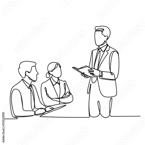One continuous line Art drawing of young businessmen and businesswoman listening trainer explain business lesson. with white background